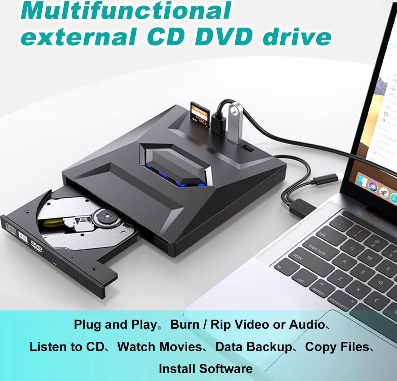 Alt view image 5 of 7 - External DVD CD Drive, USB 3.0 Type C Slim Portable CD/DVD Player, CD DVF ROM Burner Rewriter with 2 USB Ports, SD TF Slot Low Noise High Speed Data Transfer Super Drive for Laptop/Desktop