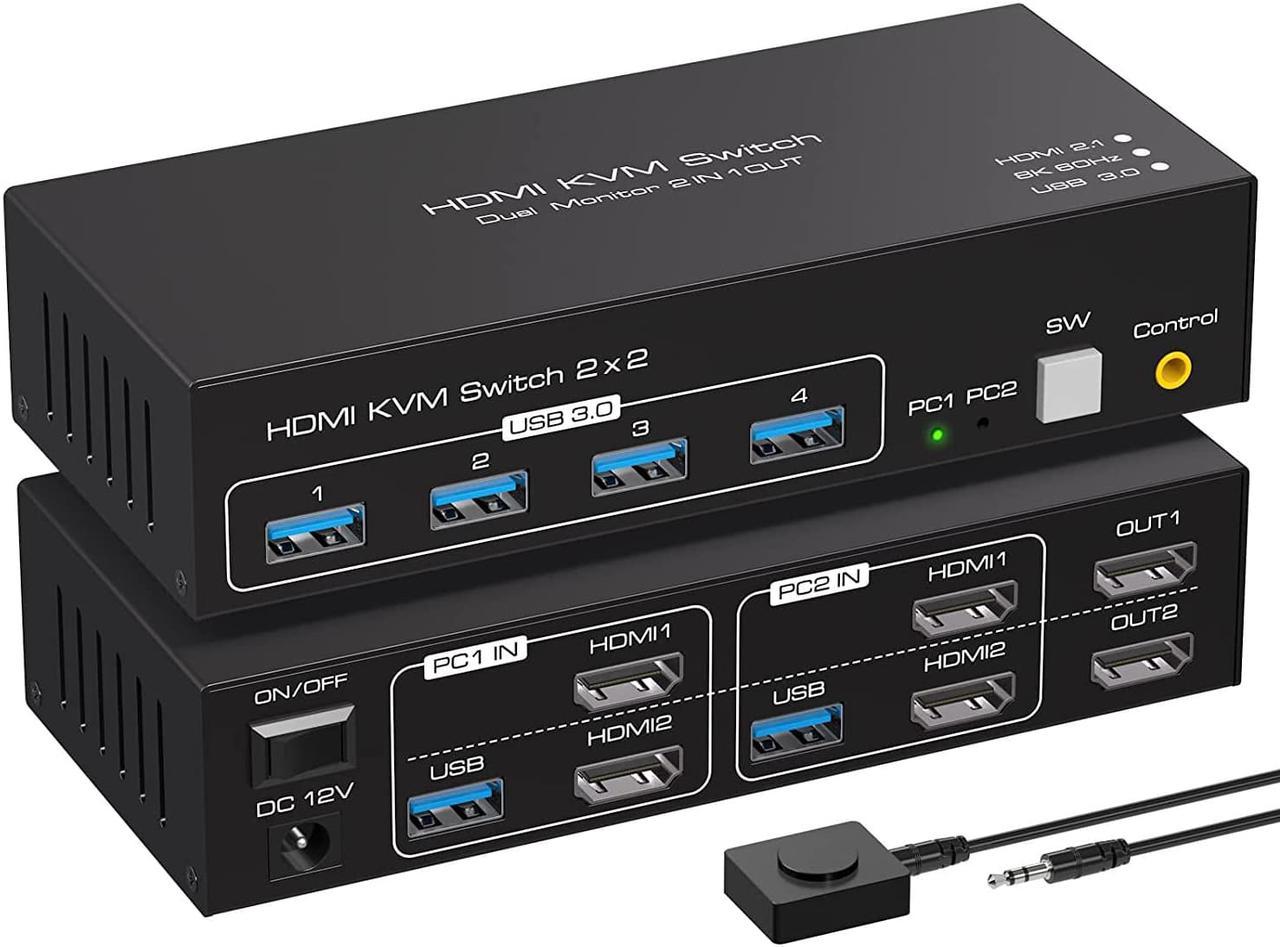 Dual Monitor HDMI KVM Switch USB 3.0, 2 Port HDMI 4K @120HZ 8K @60HZ KVM Switcher HDMI for 2 Computers 2 Monitors with 4 Ports USB 3.0 Support Copy and Extended Display and Desktop Control