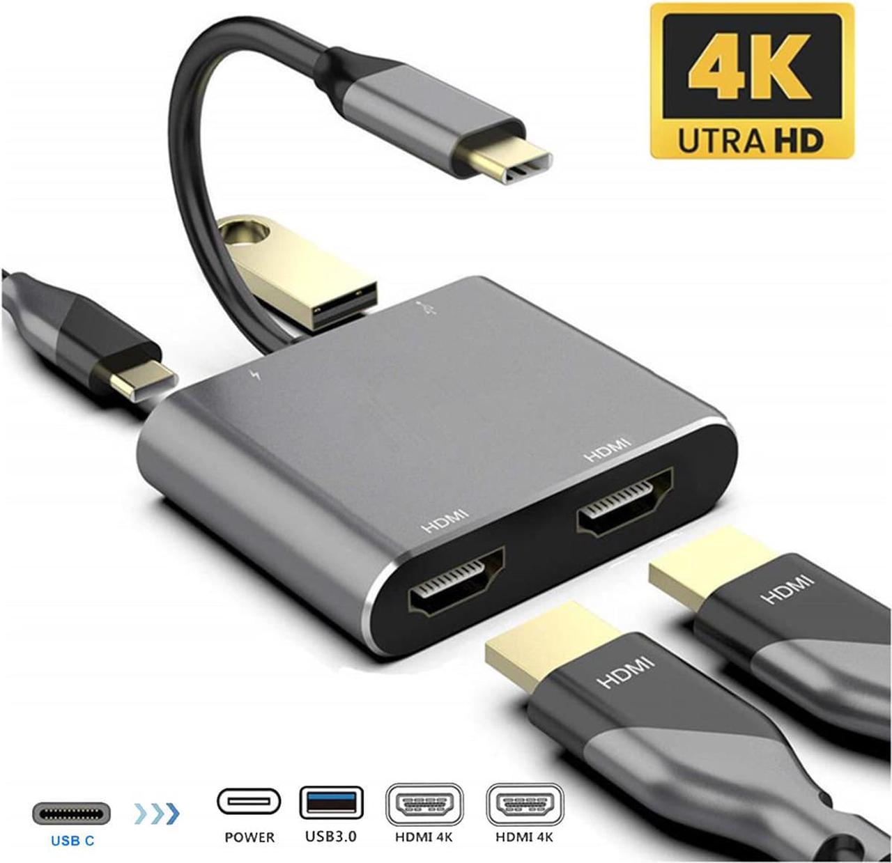 [4 in 1] USB C Hub with Dual HDMI Port, Type-C Docking Station USB C to Dual HDMI 4K USB 3.0 PD Fast Charging Dual Screen Extend Display USB C Hub Converter for Macbook Laptop Mobile Phone PC