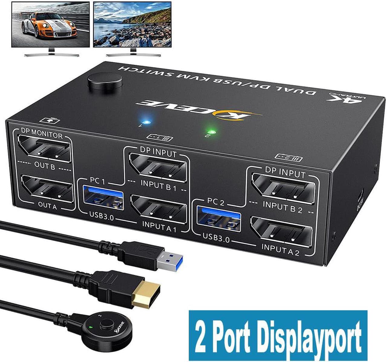 USB 3.0 Displayport KVM Switch 2 Monitors 2 Computers 8K @30Hz 4K@144Hz, Dual Monitor Displayport 1.4 KVM Switches 2 in 2 Out with 4 USB 3.0 Port for USB Device,Wired Remote and 4 Cables Included