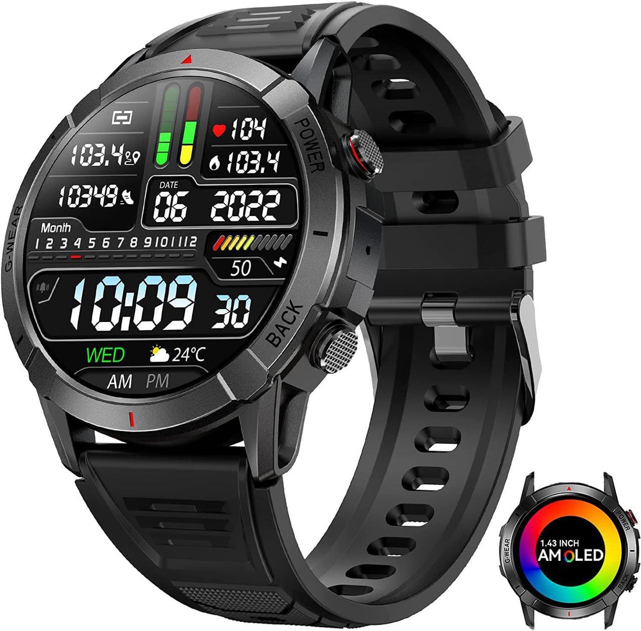 Sport Smart Watches for Men with Bluetooth Call 1.43" AMOLED Always On Display Rugged Outdoor Tactical Smartwatch with Heart Rate Blood Pressure Sleep Monitor Sports Fitness Watch for Android iOS