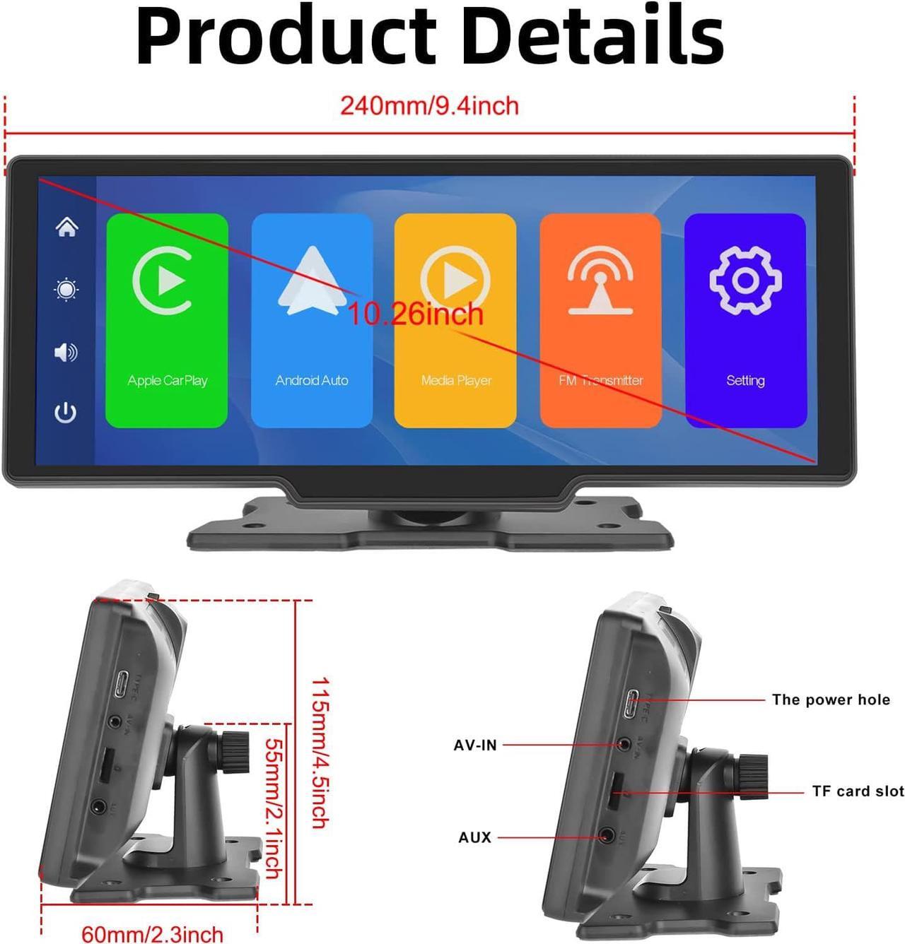 Alt view image 6 of 7 - Portable Wireless Carplay Car Stereo with 2.5K Dash Cam 10.26" Touch Screen Android Auto, Front and Back Loop Recording, FM, Bluetooth, GPS, Voice Control Car Radio Receiver