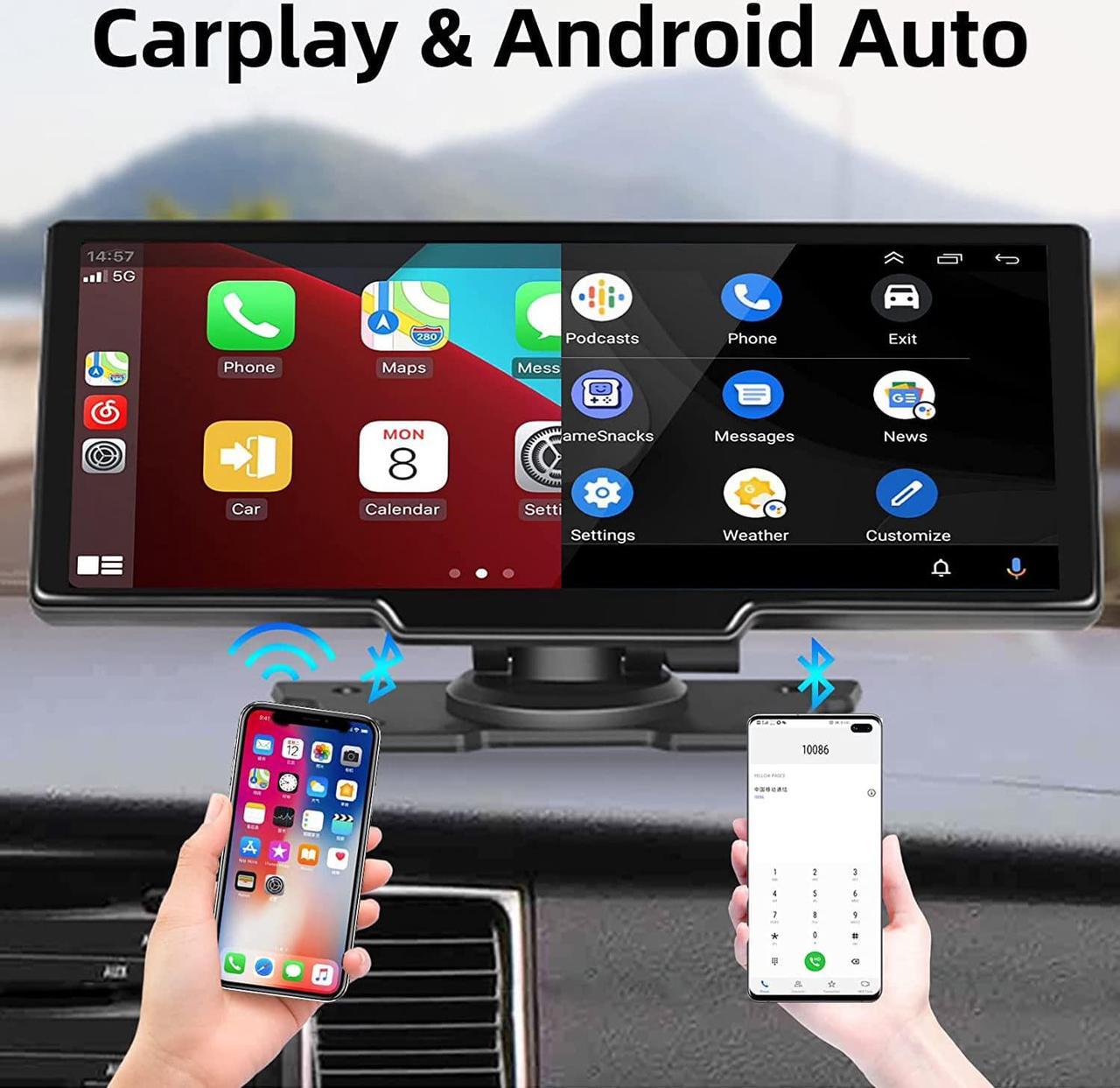 Alt view image 2 of 7 - Portable Wireless Carplay Car Stereo with 2.5K Dash Cam 10.26" Touch Screen Android Auto, Front and Back Loop Recording, FM, Bluetooth, GPS, Voice Control Car Radio Receiver