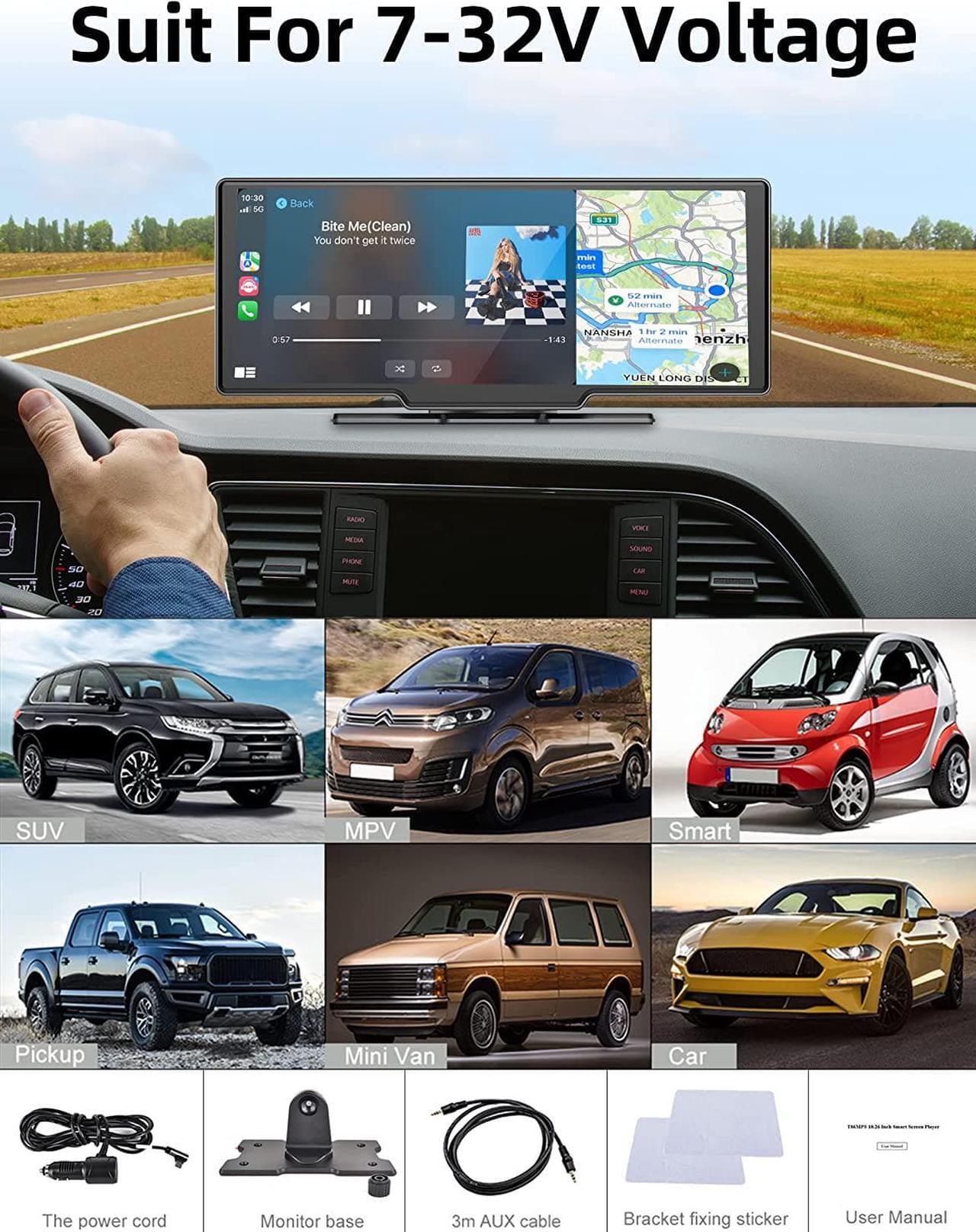 Alt view image 7 of 7 - Portable Wireless Carplay Car Stereo with 2.5K Dash Cam 10.26" Touch Screen Android Auto, Front and Back Loop Recording, FM, Bluetooth, GPS, Voice Control Car Radio Receiver