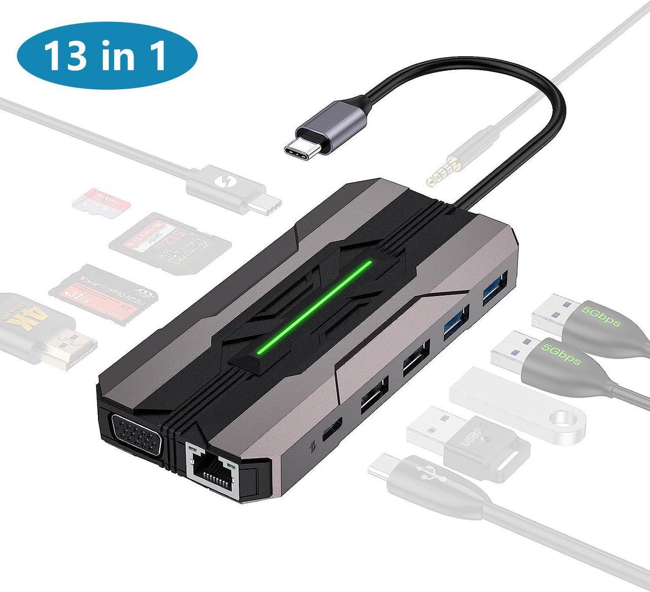 USB C Hub Laptop Type-C Docking Station, 13 in 1 USB C Hub Multiport Adapter Dongle with 4K HDMI, VGA, 100W PD Charging, Ethernet, SD/TF, 2*USB 3.0&USB 2.0, 1*USB C, Mic/Audio for Laptop Mac-book