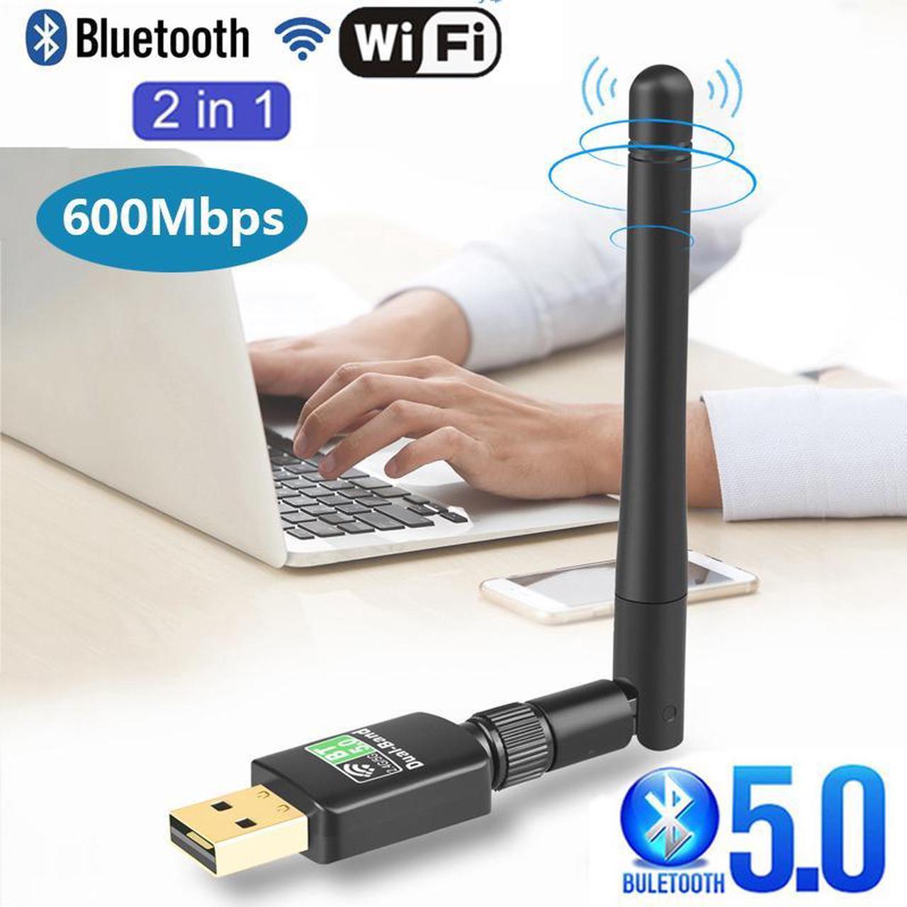 [ 2 in 1] AC600 WiFi Bluetooth Dongle, 600Mbps Dual Band 2.4/5Ghz USB Wireless Adapter, Bluetooth 5.0 Adapter External Receiver with High Gain Antenna for PC/Desktop/Laptop, Windows 11/10/8.1/7