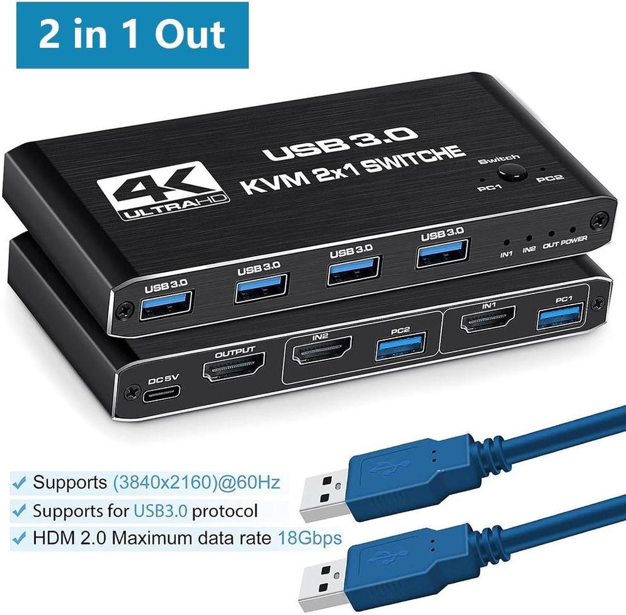 2 Port HDMI KVM Switch 2 in 1 Out,  4K @60Hz HDMI2.0 KVM Switch, HDMI USB 3.0 KVM Switch with 4 USB 3.0 Ports for 2 Computers Share One Monitor, Supporting Wireless Keyboard and Mouse,Plug and Play