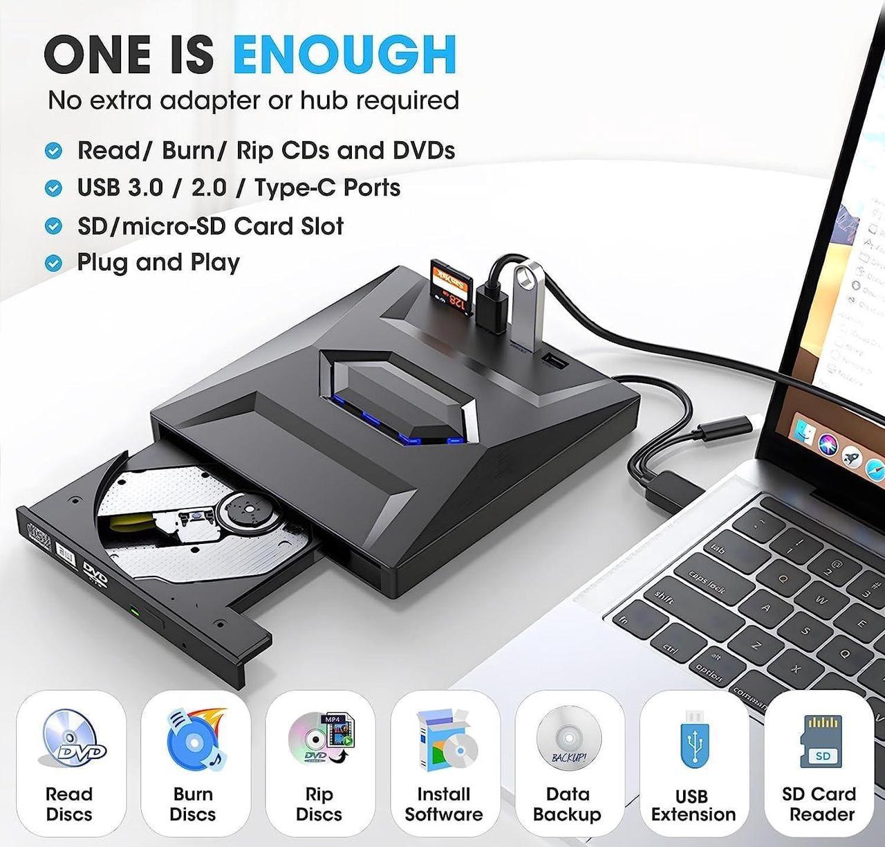 External CD DVD Drive, Type-C USB 3.0 Portable CD DVD +/-Rw Drive, DVD/CD ROM Burner Rewriter with SD Slot & USB Ports DVD 8X CD 24X Super Fast Speed Optical DVD Drive for Window/Mac OS/Linux