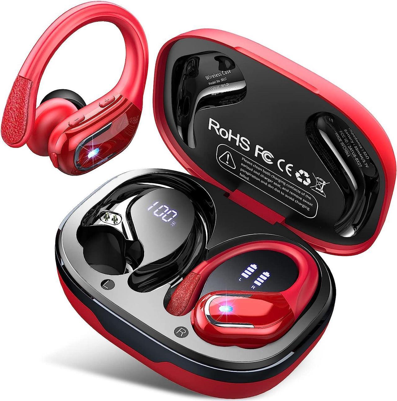 True Wireless Earbud, Bluetooth 5.3 Headphones Pure Bass Sound with Earhooks, 60H Battery Over Ear Headphones with Dual-LED Display, IP7 Waterproof Earphones Built-in Microphone for Running Sports Red