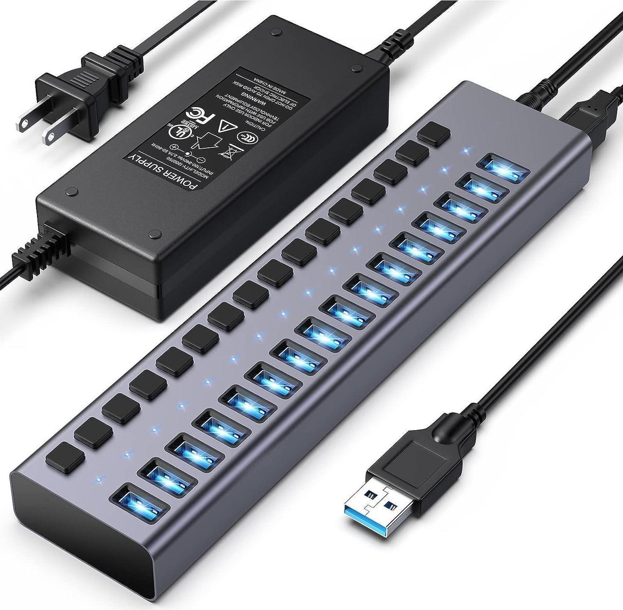 Powered USB Hub 3.0,16 Ports Powered USB 3.0 Data Hub, Individual On/Off Switches, 12V7.5A 90W Power Adapter, USB Hub 3.0 Splitter Extension for MacBook, Mac Pro/Mini, i-Mac, Surface Pro Laptop/PC