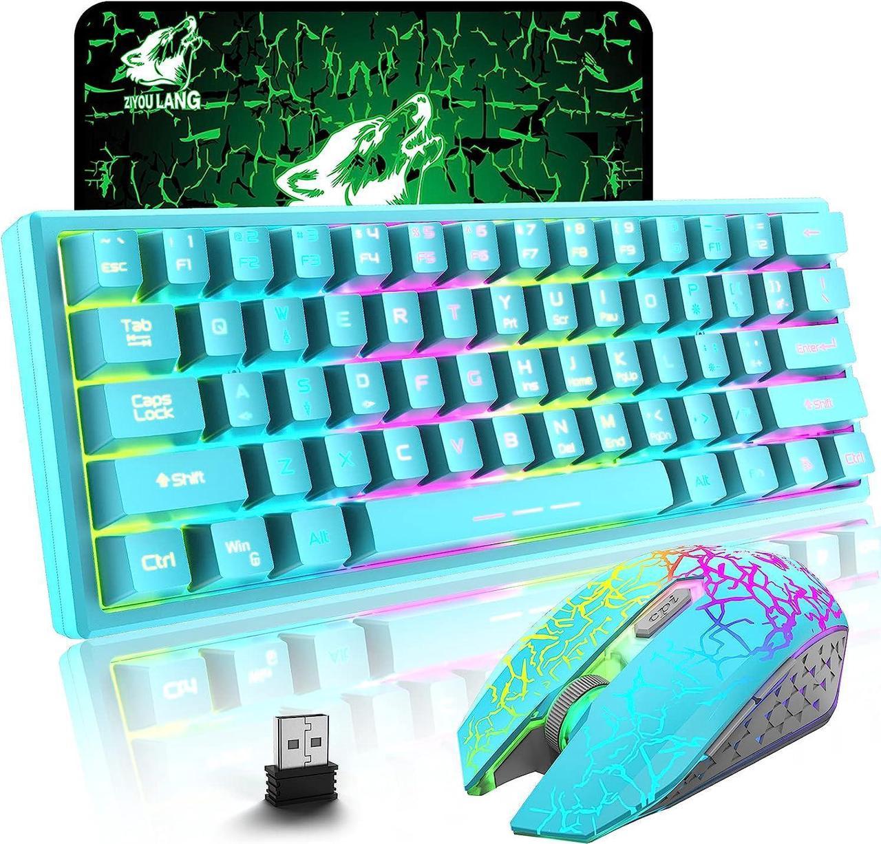 Wireless Gaming Keyboard and Mouse Combo with Ergonomic 61 Key Rainbow LED Backlight Anti-ghosting Mechanical Feel Rechargeable 4000mAh Battery Mouse Pad for PC MAC Gamer Typists Blue