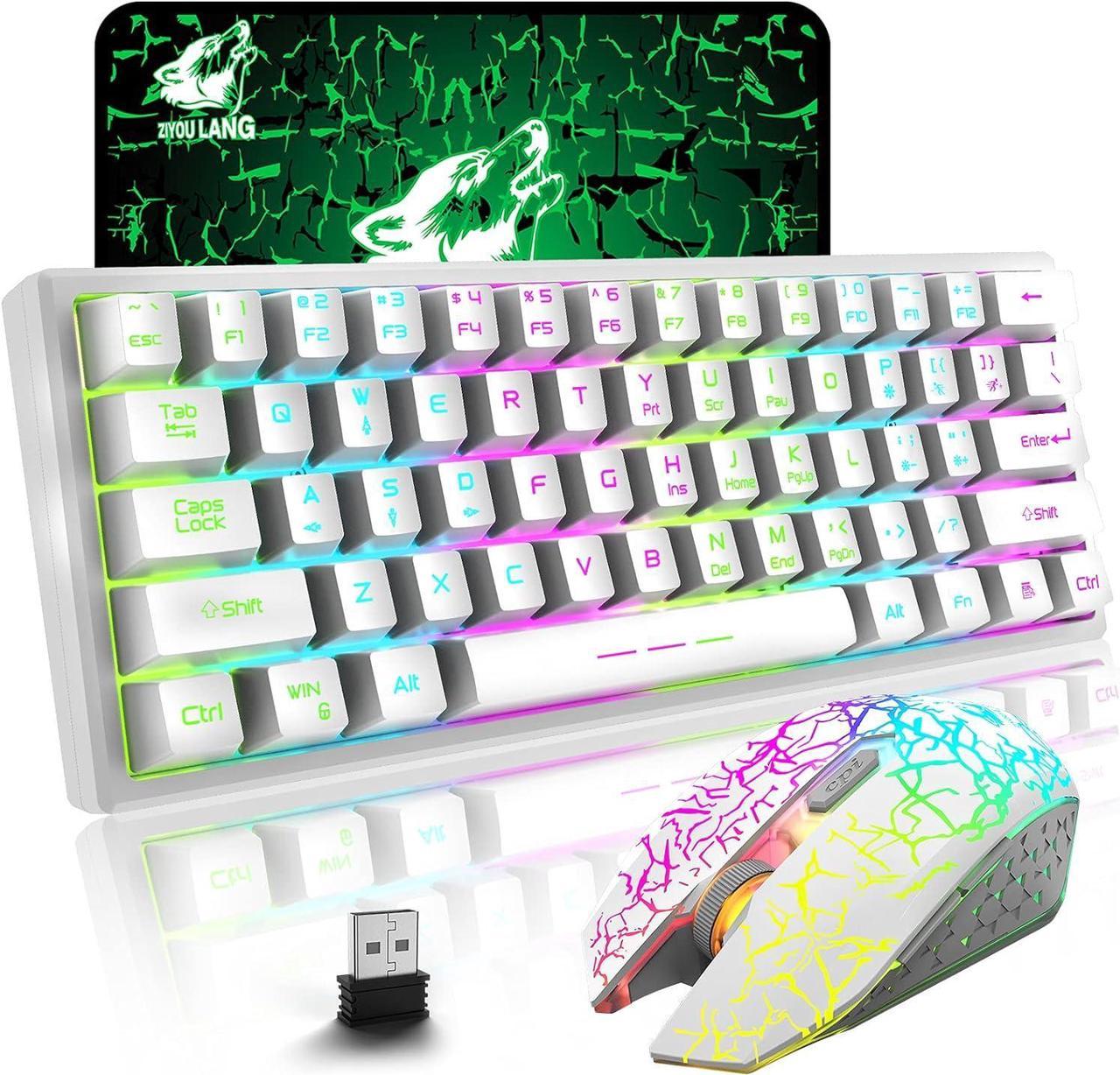 Wireless Gaming Keyboard and Mouse Combo with Ergonomic 61 Key Rainbow LED Backlight Anti-ghosting Mechanical Feel Rechargeable 4000mAh Battery Mouse Pad for PC MAC Gamer Typists White