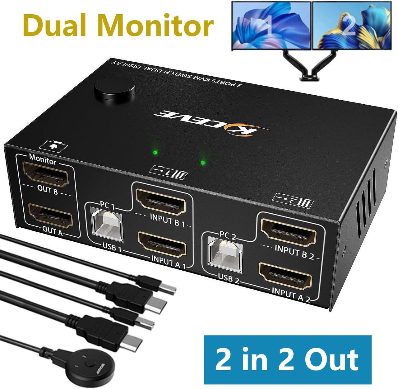 4K @30Hz Dual Monitor HDMI KVM Switch 2 in 2 Out, 2 Port HDMI USB KVM Switch for 2 Computers Share 2 Monitors and 4 USB 2.0 Hub, Desktop Controller and HDMI USB Cable Included