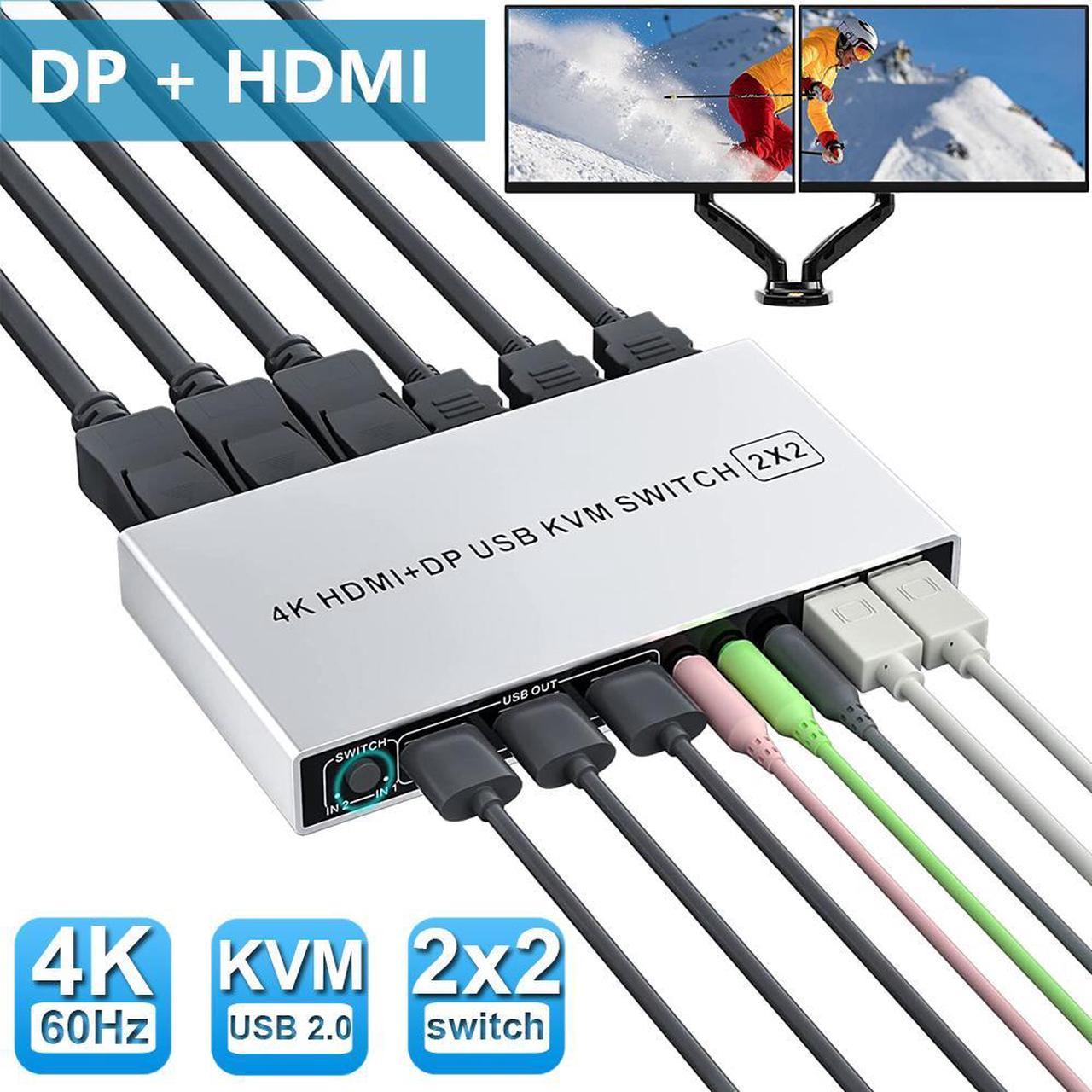 Dual Monitor HDMI + DisplayPort KVM Switch 2 in 2 Out, Supports EDID, 4K @60Hz Extended Display HDMI Display Port KVM Switch for 2 Monitors 2 Computers with Audio Microphone Output and 3 USB Ports