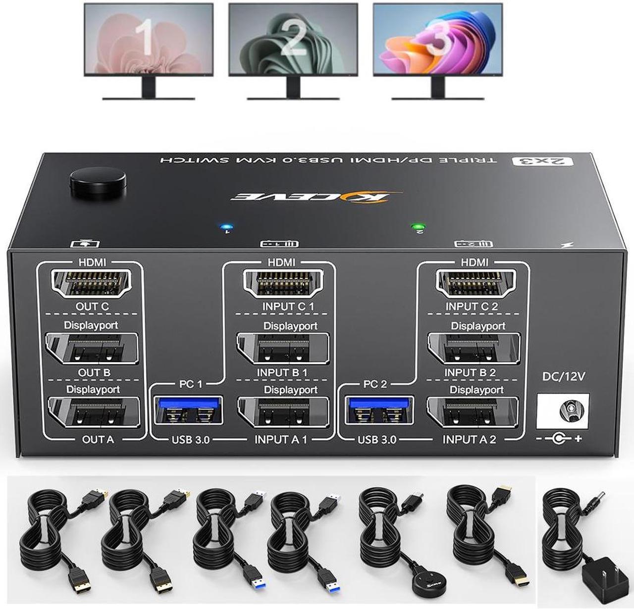 [HDMI + 2 DP] KVM Switch 2 in 3 Out 8K@60Hz 4K@144Hz, HDMI+2 Displayport Triple Monitor KVM Switch for 2 Computers Share 3 Monitor and 4 USB 3.0 Port Keyboard Mouse, Wired Remote and 5 Cables Included