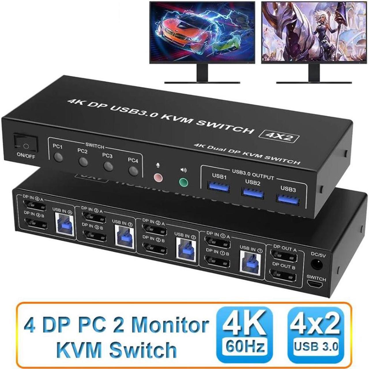 USB 3.0 Displayport KVM Switch 2 Monitors 4 Computers 4K 60Hz, Dual Monitor Displayport KVM Switch 4 Port with Audio Microphone Output and 3 USB 3.0 Ports, Display Port KVM Switch 4 in 2 Out