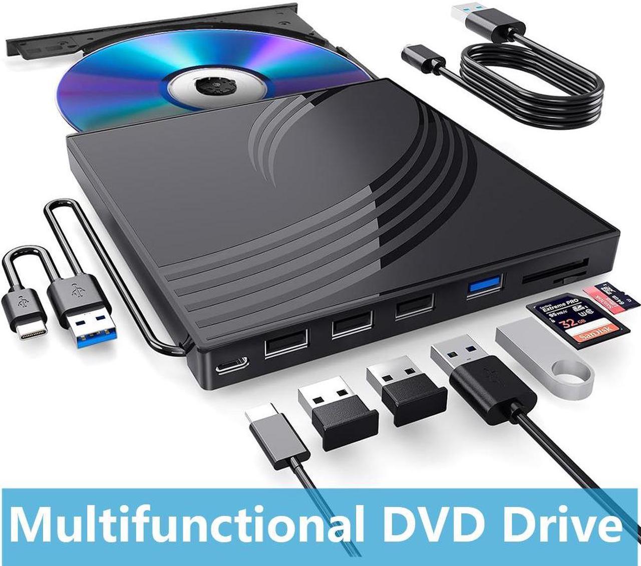 [8-in-1] External CD/DVD Drive, USB 3.0 & Type C Ultra Slim External CD/DVD Player with 4 USB-A Ports, 1 Type-C Port, 2 TF/SD Card Slots, External CD/DVD Burner Compatible with macOS/Windows/Linux