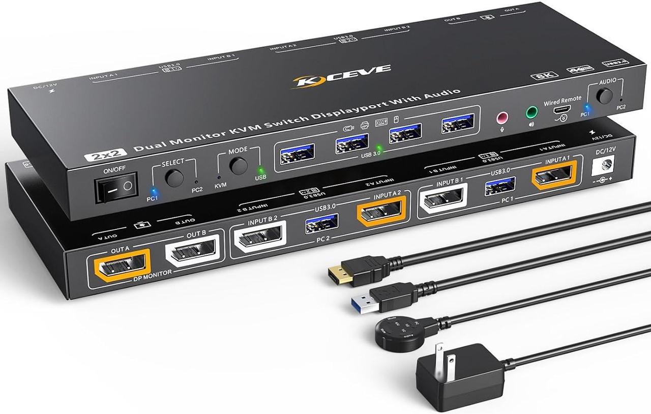 2 Port Displayport KVM Switch, Dual Monitor Displayport KVM for 2 Computers 8K@30Hz/4K@144Hz Extend Display Support KVM Mode and USB Mode with Voice Control and Remote Control Include KVM Cables