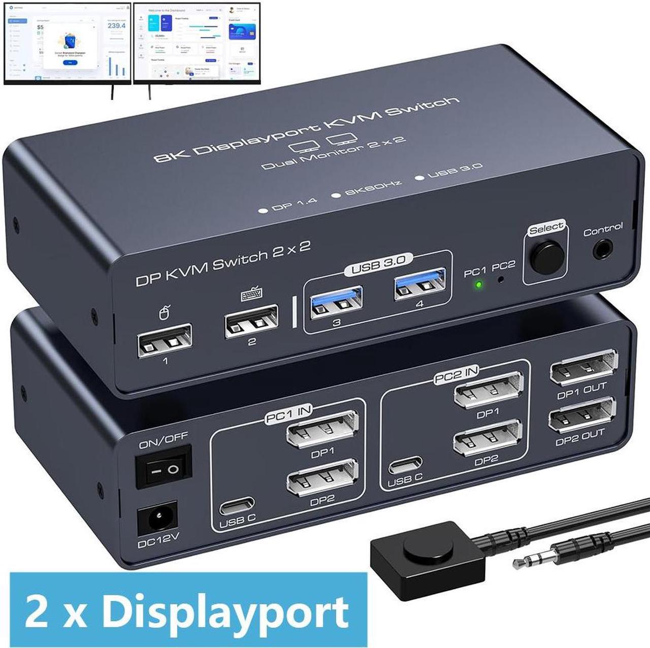 2 Port Dual Monitor DisplayPort KVM Switch 2 in 2 Out, 8K60Hz 4K120Hz Aluminium Displayport Switch KVM Switch 2 Monitors 2 Computers Shared 4 USB Device Support DP1.4 With With Desktop Controller