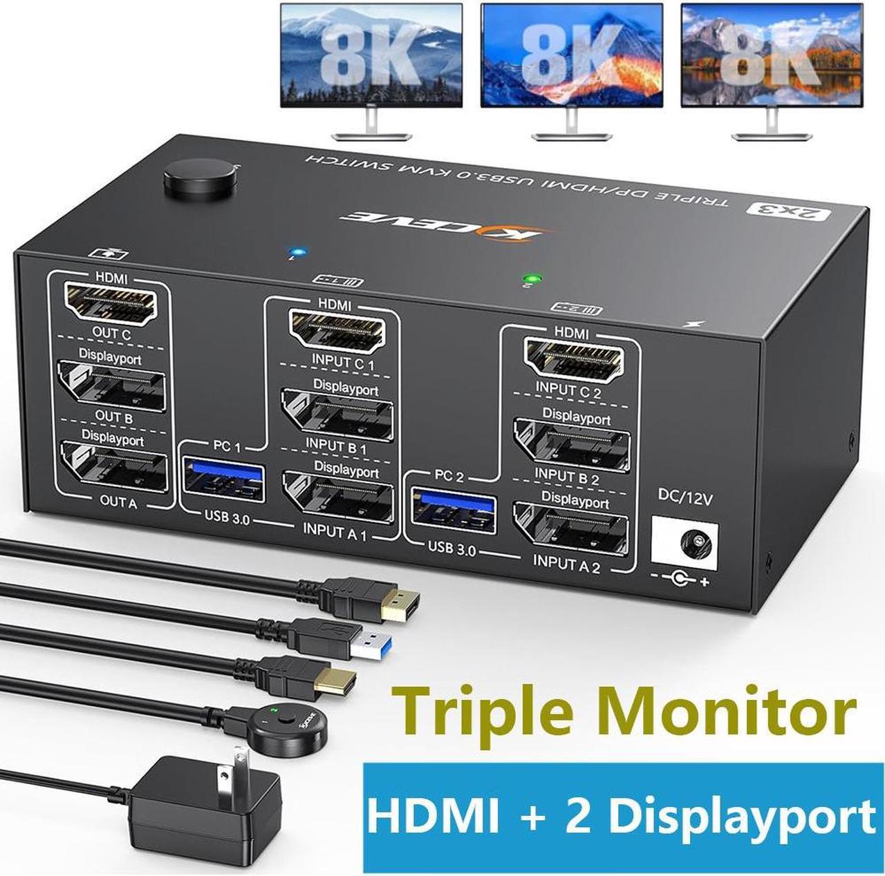 Triple Monitor 2 Displayport + HDMI KVM Switch 8K@60Hz 4K@144Hz, [HDMI + 2 Displayport] KVM Switch for 2 Computers Share 3 Monitors and 4 USB 3.0 Device, with Wired Remote and 5 Cables