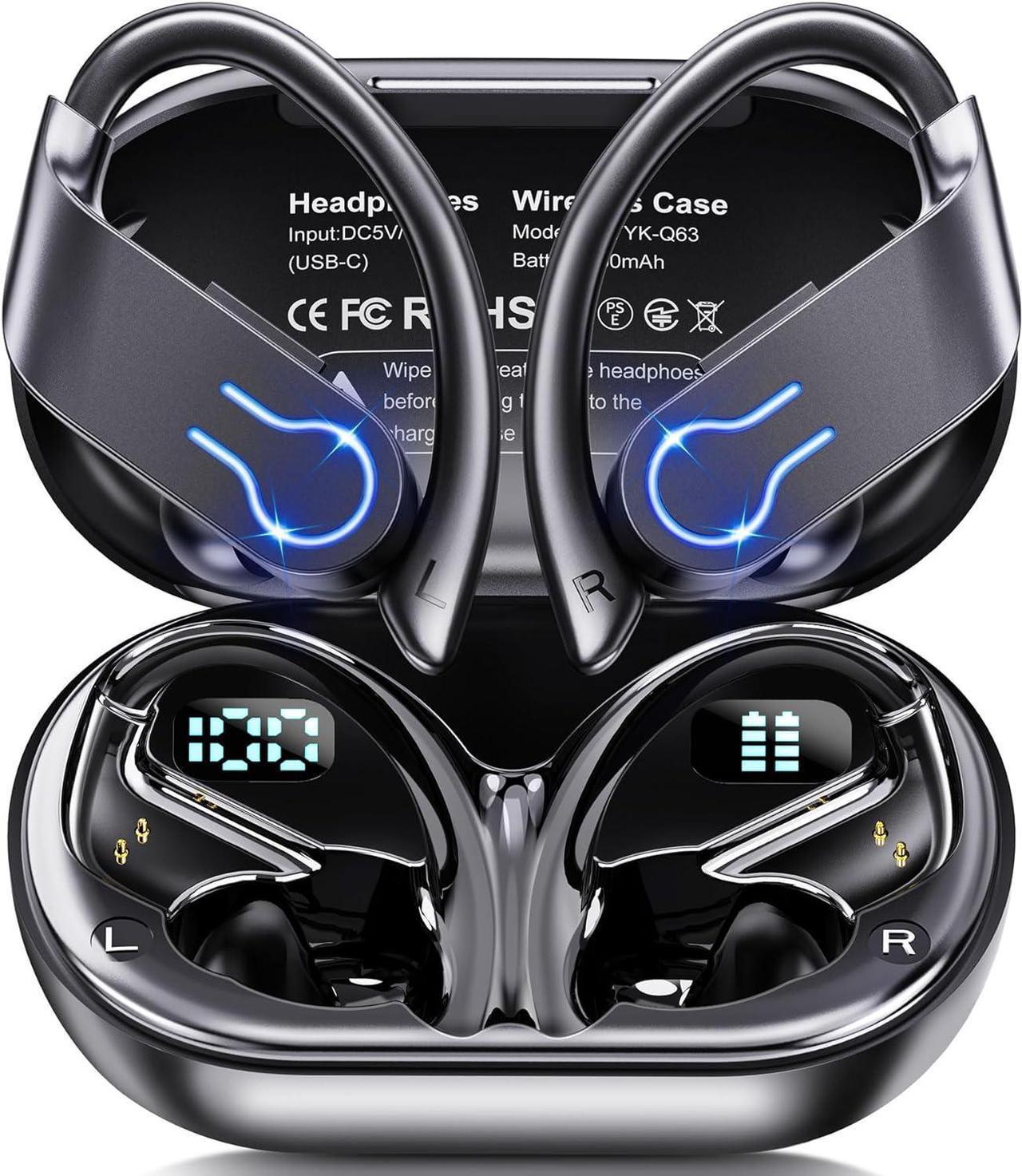 Wireless Earbuds Bluetooth Headphones 120H Playtime Stereo Ear Buds Bluetooth 5.3 Dual Power Display Sports Headphones with Earhooks IPX7 Waterproof Earbuds with ENC Mic Over-Ear Earphones for Running