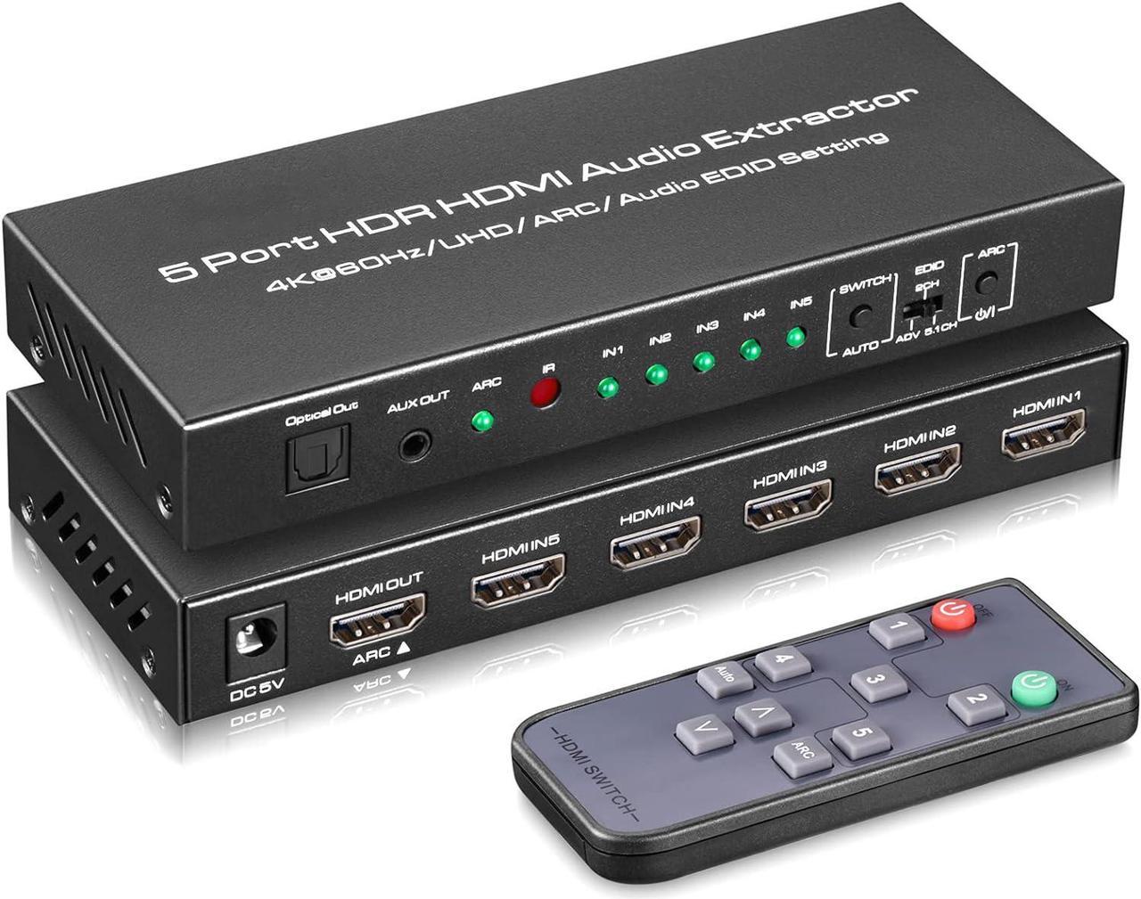 5 Port 4K@60Hz HDMI Switch with Optical & 3.5mm AUX Audio Out, 5 in 1 Out HDMI 2.0 Switch Audio Extractor with Remote, Support ARC, HDR 10, HDCP 2.2, 18Gbps, Do-l-by Vision/At-mos, 3D, 1080P