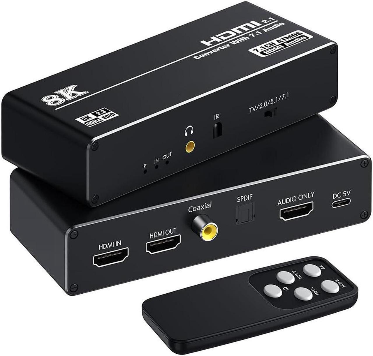 8K@60Hz HDMI Audio Extractor Splitter, HDMI to HDMI Audio Converter + 7.1CH HDMI Audio + Optical Toslink SPDIF + Coaxial + 3.5mm Audio Jack, Support HD-MI 2.1, HDCP 2.3, Do-lby, DTS, HDR10