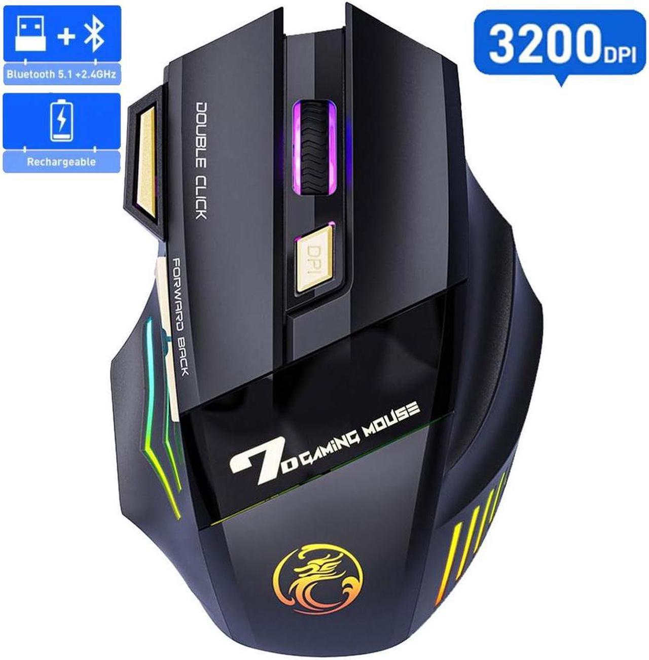 Wireless Gaming Mouse  High precision, Optical Owl-Eye Sensor (1200/2400/3200 DPI), 7-Color LED Rainbow Luminous, 7 programmable Keys, Rechargeable Wireless Bluetooth Mouse, USB