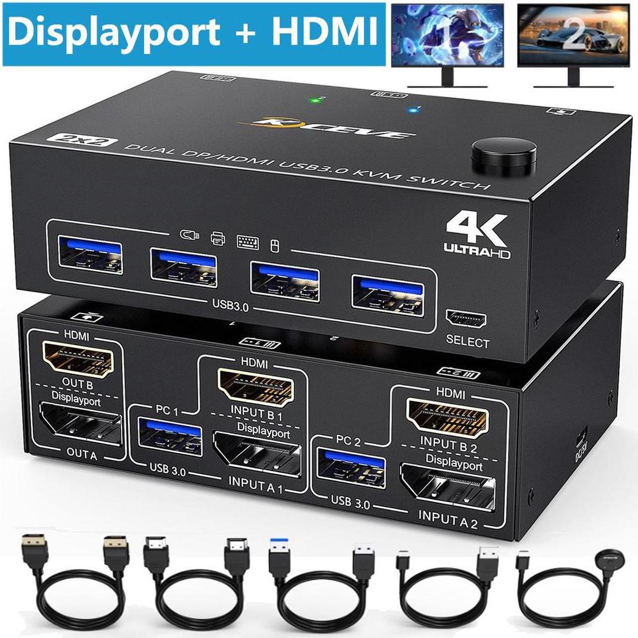 USB 3.0 Dual Monitor KVM Switch HDMI+Displayport 4K@60Hz, 2K@120Hz, 2 in 2 Out [DP + HDMI] USB 3.0 KVM Switch for 2 Computers Share 2 Display and 4 USB3.0 Devices, Wired Remote and 4 Cables Included