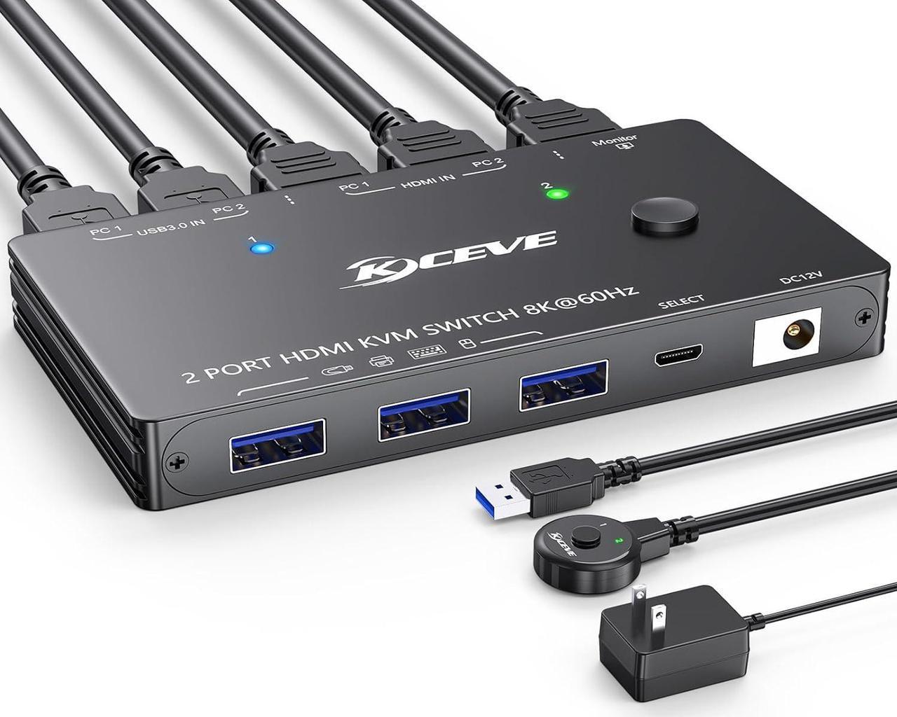 8K HDMI KVM Switch 2 in 1 Out, 2 Port 8K@60Hz 4K@120Hz, HDMI KVM Switch for 2 Computers Share 1 Monitor and 3 USB 3.0 Devices,HDCP 2.3, HDR 10,with Wired Remote,12V Power Adapter and 2 USB 3.0 Cables