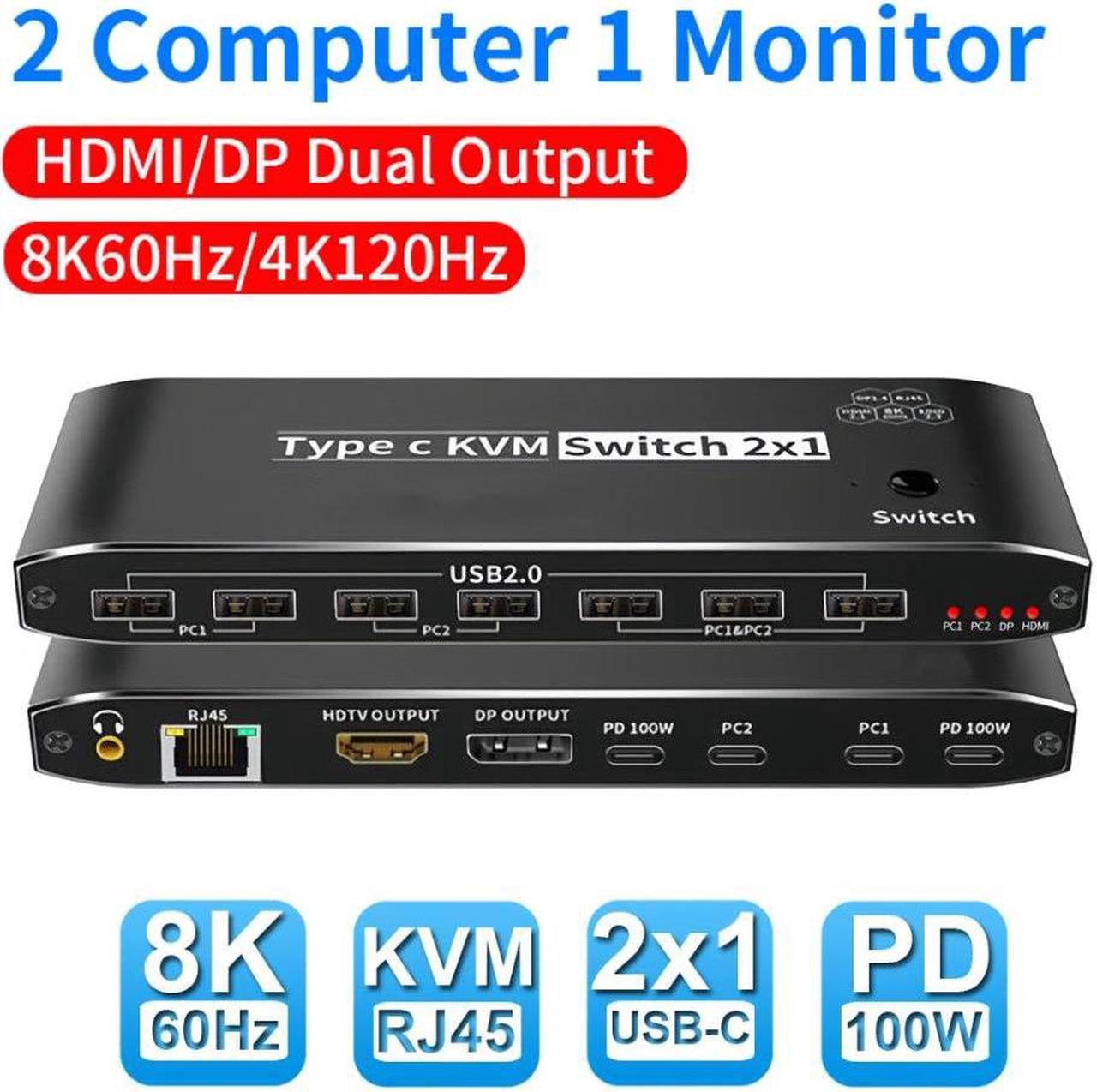 2x1 Type C KVM Switch, 8K Thunderbolt 4 USB C KVM Switch with RJ45 3.5mm Jack, 100W PD Charge,  4K 120Hz USB C to HDMI DP KVM Switch for 2 Computer Share 1 Monitor, keyboard, Mouse, 5 x USB 2.0 Device