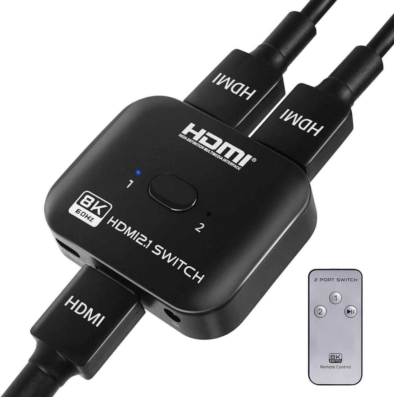 2 Ports HDMI Switch 8K@60Hz/4K@120Hz Splitter, Bi-Directional HDMI Switch Hub, 8K HDMI Switch 2 in 1 Out or HDMI Splitter 1 in 2 Out, with Power Cable and IR Remote Control