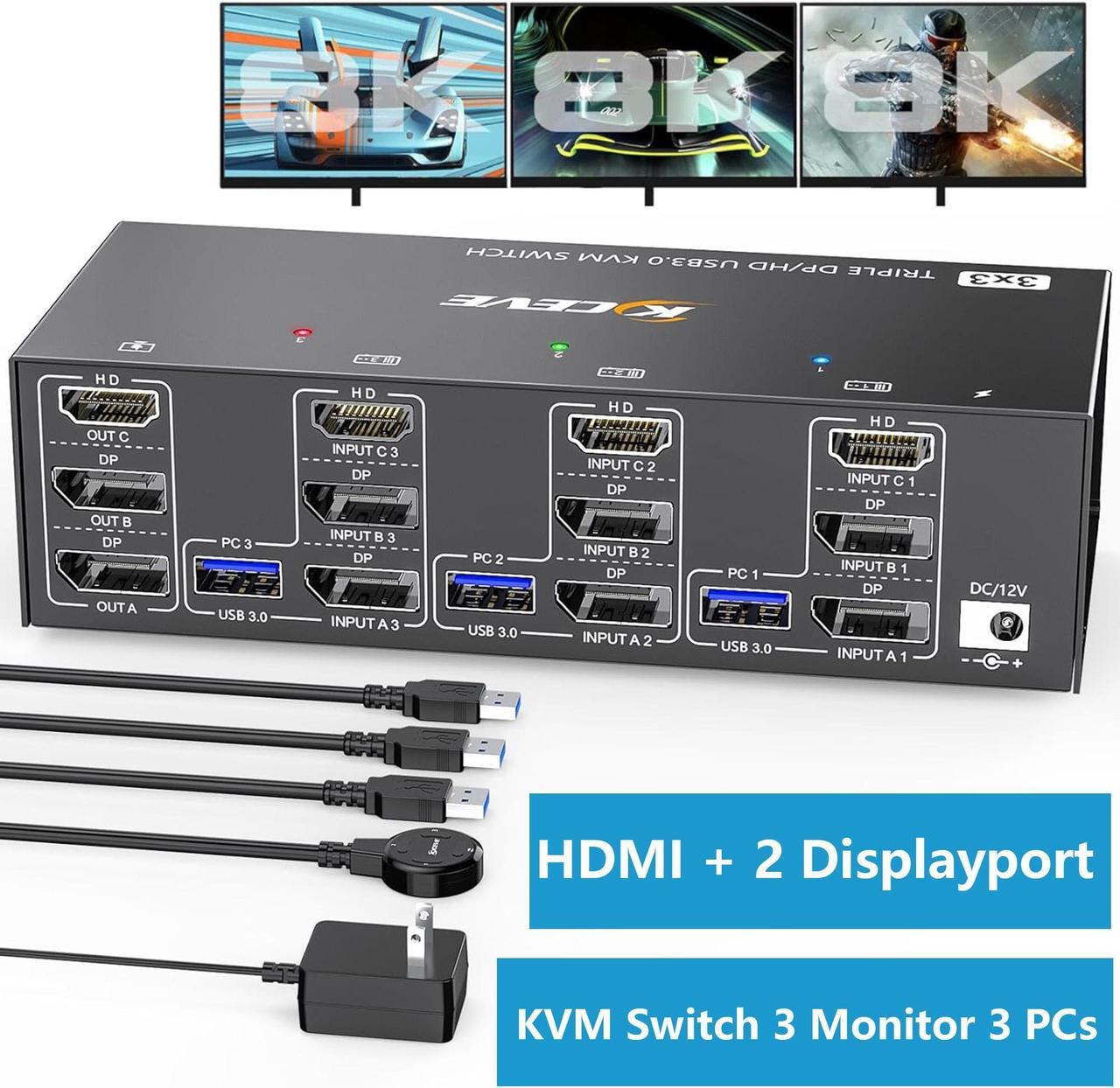 2 Displayport + HDMI USB 3.0 KVM Switch 3 Monitors 3 Computers, 8K@60Hz,4K@144Hz Triple Monitor KVM Switch with 4 USB3.0 Ports, Triple Monitor Keyboard Mouse Switcher, Included KVM Cables Wired Remote