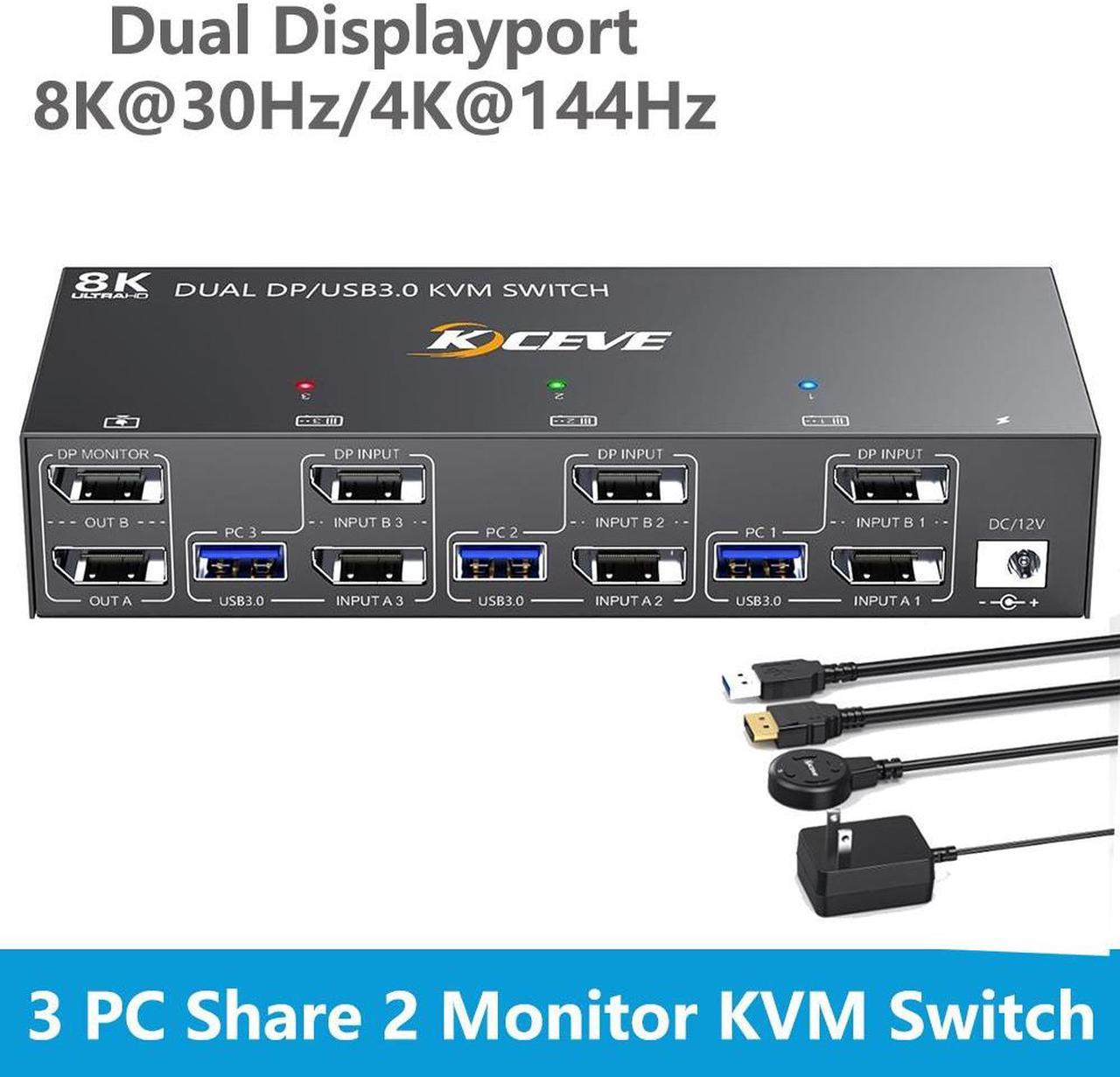 8K DisplayPort KVM Switch 3 PC 2 Monitors 8K@30Hz, 4K@144Hz, Dual Monitor Displayport KVM Switch with DisplayPort 1.4 and 4 USB 3.0 Ports for 2 PC/Laptops, with DP + USB Cable and Desktop Controller