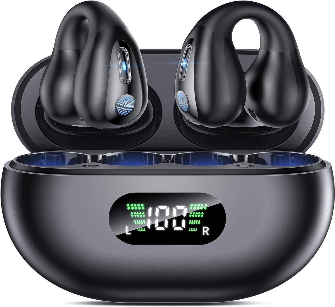 Open Ear Headphones, Clip On Wireless Earbuds Bluetooth 5.3 Earphones, Sports Ear Buds with ENC Mic, 36 Hours HIFI Earpods with LED Display Charging Case, IPX7 Waterproof Running Earphones