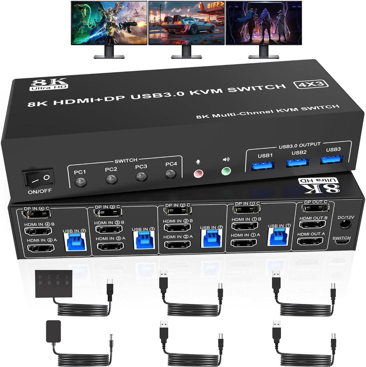 8K@60Hz 1 Displayport +2 HDMI USB 3.0 KVM Switch 3 Monitors 4 Computers, 2 HDMI 2.1 + DP 1.4 Triple Monitor KVM Switch with Audio Microphone + 3 USB3.0 Ports, Triple Monitor Keyboard Mouse Switcher