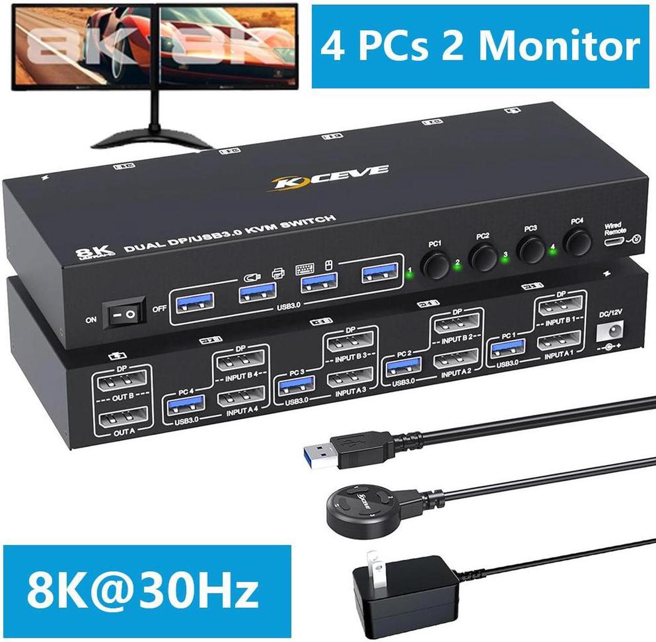 Displayport KVM Switch 4 Computers 2 Monitors 8K@30Hz 4K@144Hz, Dual Monitor DP KVM Switch for 4 Computers Share 2 Monitor and 4 USB 3.0 Port Keyboard Mouse,Wired Remote and USB Cables Included