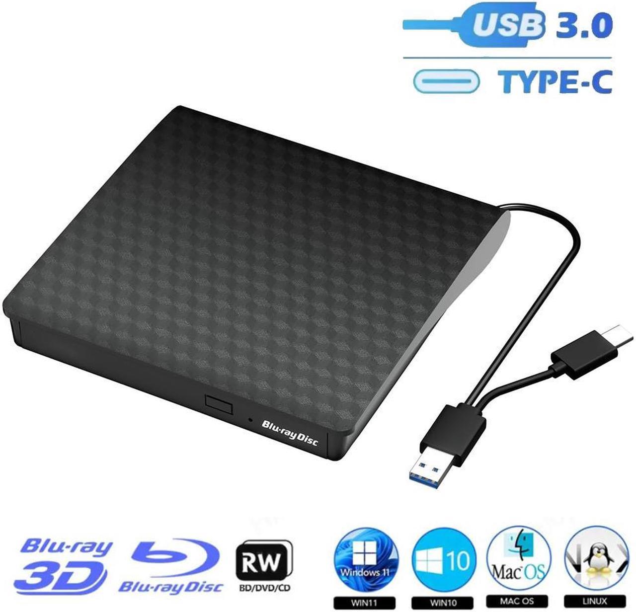 External Bluray Drive, USB 3.0 and Type-C External Blu Ray Burner Player Slim 3D Optical CD DVD Drive, Blu-Ray DVD CD Player Compatible with Windows XP/7/8/10/11 Mac OS for PC Laptop Desktop MacBook