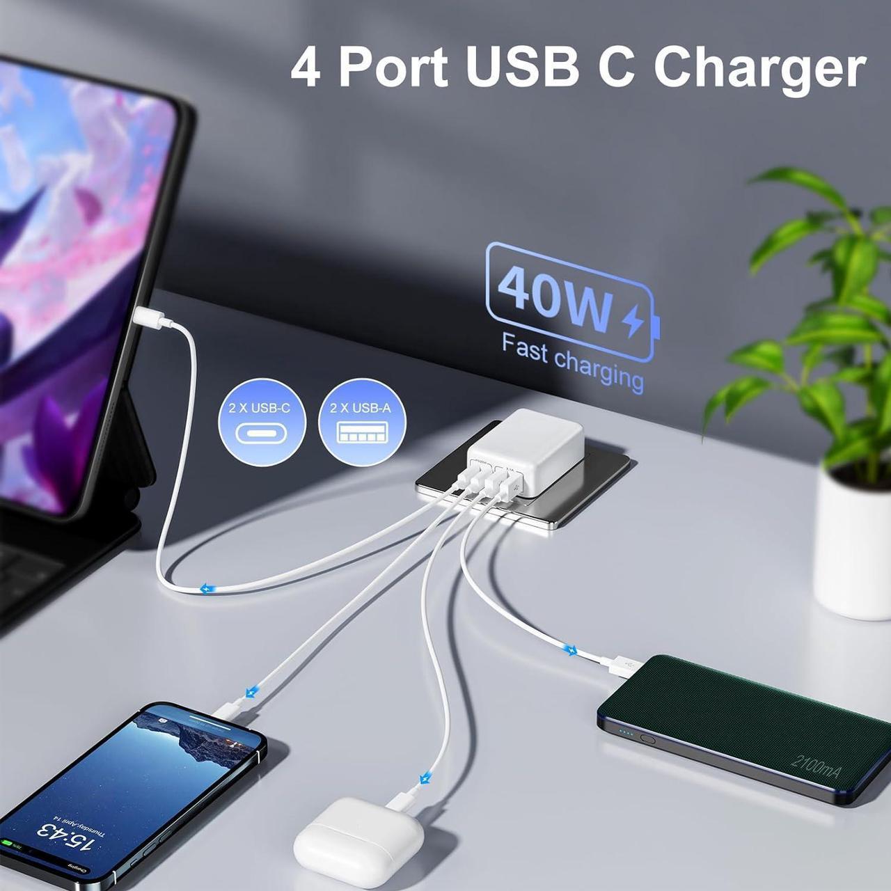 Alt view image 2 of 7 - [2 Pack] Flat USB C Wall Charger, 40W Foldable & Slim Fast Charging Block, 4 Ports [2 USA & 2 USB C] Charger Block Cube Box Compatible with Smartphones, Tablets, Multiport Power Adapter USB Plug Brick
