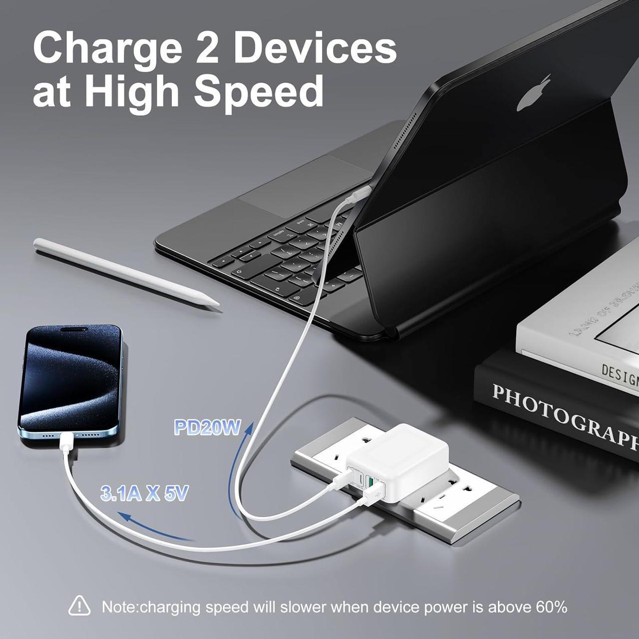 Alt view image 3 of 7 - [2 Pack] Flat USB C Wall Charger, 40W Foldable & Slim Fast Charging Block, 4 Ports [2 USA & 2 USB C] Charger Block Cube Box Compatible with Smartphones, Tablets, Multiport Power Adapter USB Plug Brick