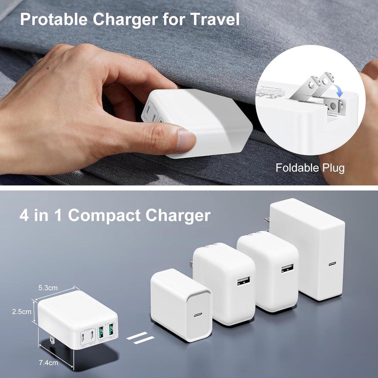 Alt view image 5 of 7 - [2 Pack] Flat USB C Wall Charger, 40W Foldable & Slim Fast Charging Block, 4 Ports [2 USA & 2 USB C] Charger Block Cube Box Compatible with Smartphones, Tablets, Multiport Power Adapter USB Plug Brick