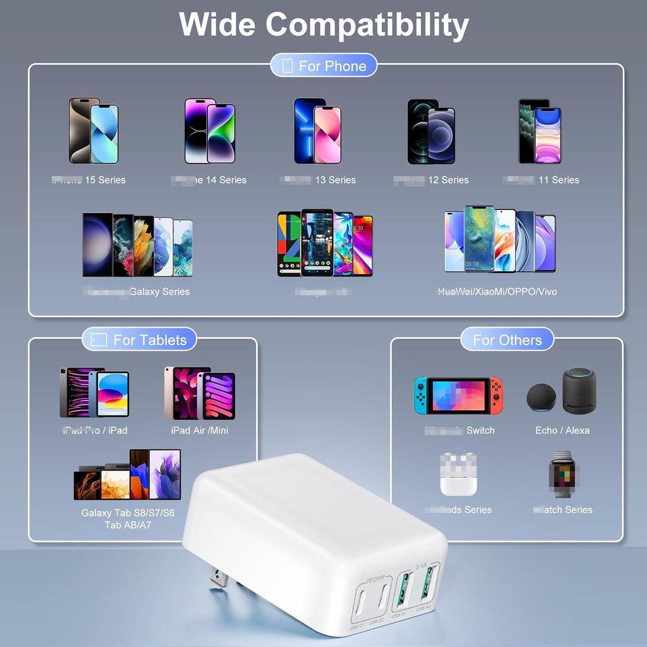 Alt view image 6 of 7 - [2 Pack] Flat USB C Wall Charger, 40W Foldable & Slim Fast Charging Block, 4 Ports [2 USA & 2 USB C] Charger Block Cube Box Compatible with Smartphones, Tablets, Multiport Power Adapter USB Plug Brick