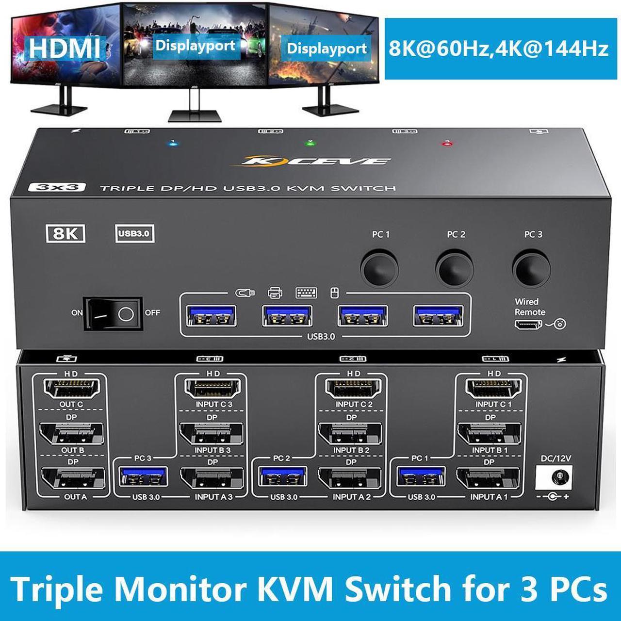 IHDAPP KVM Switch for 3 Computers 3 Monitors 8K@60Hz, HDMI + 2* Displayport Triple Monitor KVM Switch, KVM with 4 USB 3.0 Ports for Keyboard Mouse Printer, Wired Remote and Power Adapter Included