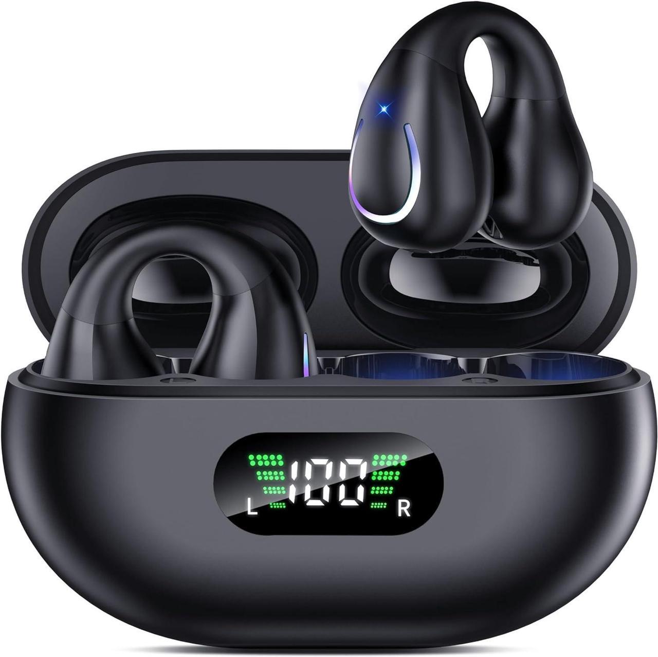 IHDAPP Open Ear Clip Wireless Earbuds Bluetooth 5.3, Sports Earphones Built-in Microphone with Earhooks & Ear Hook, Wireless Charging Case & Display, Waterproof Fitness Headphones for Running