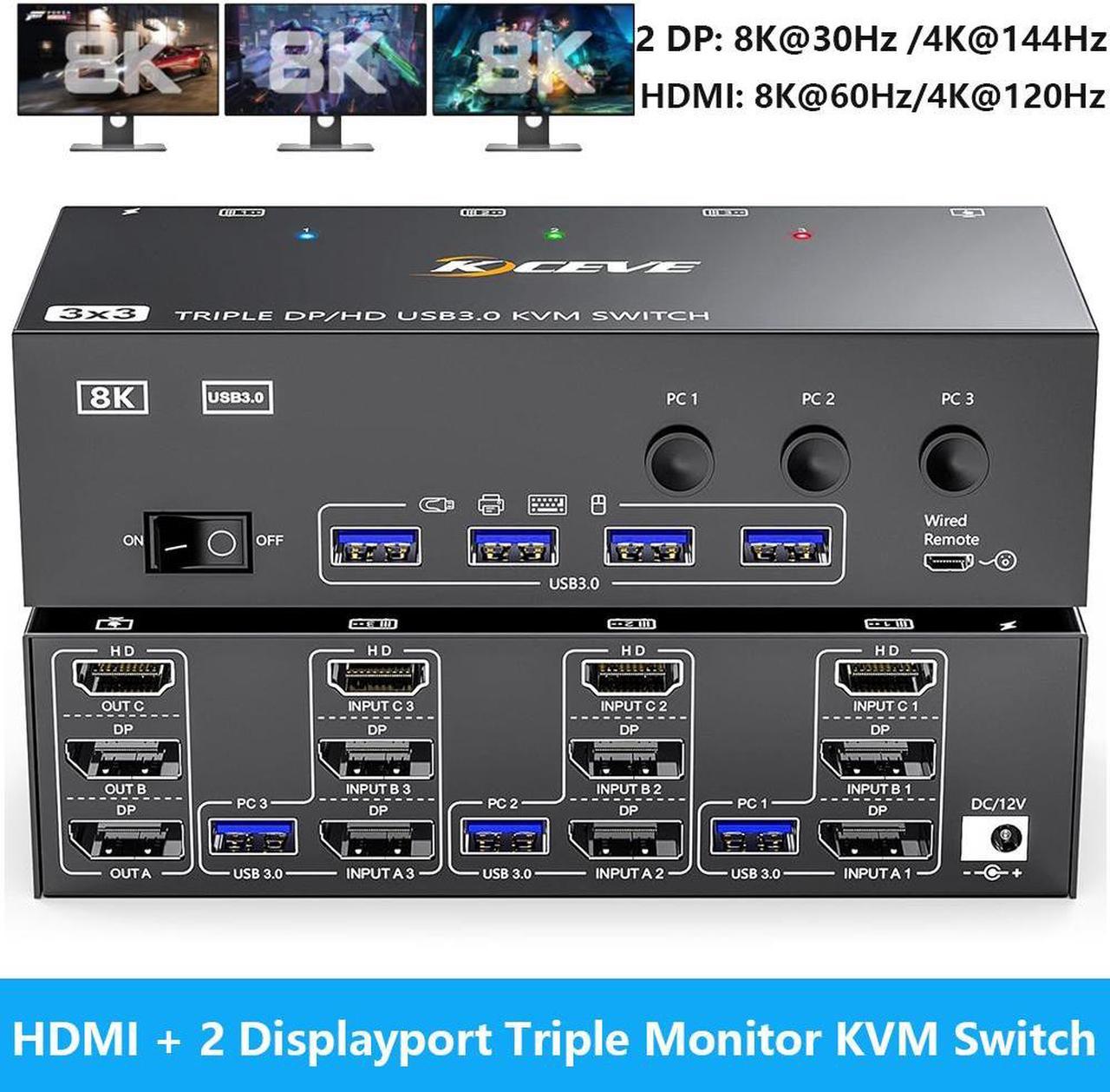 IHDAPP KVM Switch 3 Monitors 3 Computers 8K@60Hz, HDMI + 2* Displayport Triple Monitor KVM Switch with 4 USB 3.0 Ports for Keyboard Mouse Printer, Wired Remote, USB Cable and Power Adapter Included