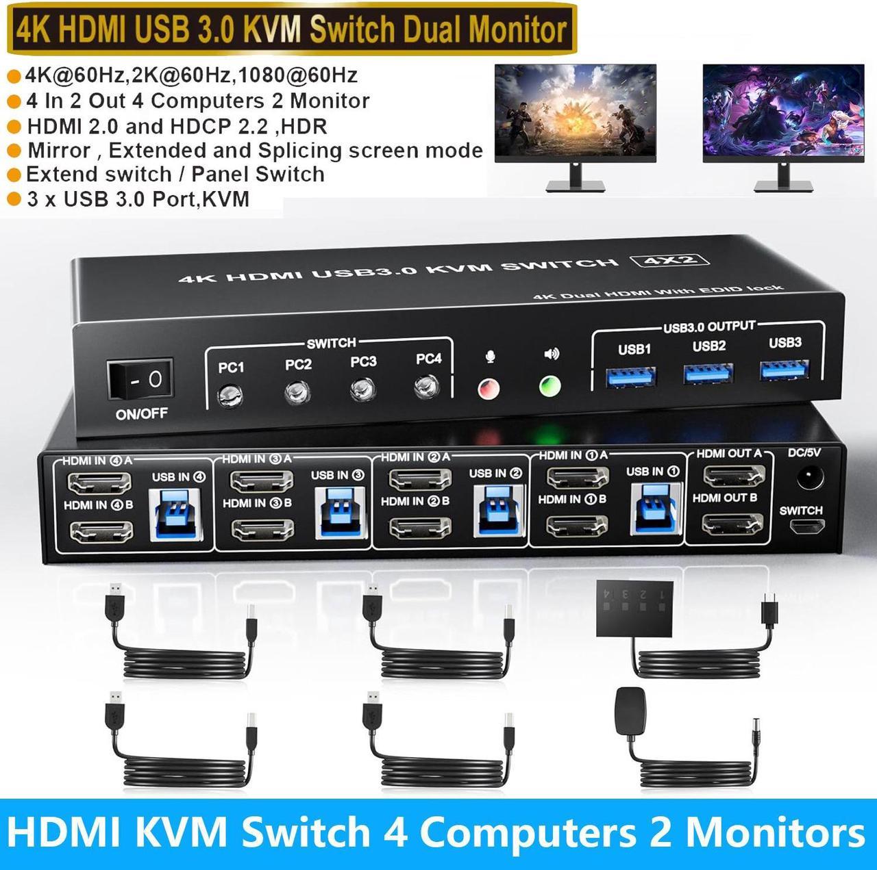 IHDAPP USB 3.0 Dual Monitors HDMI KVM Switch 4 Computers, Supports EDID, 4K@60Hz HDMI Dual Monitor Switch for 4 PCs with 3 USB 3.0 and Audio Microphone Ports, 4 Port HDMI KVM Switch for 4PC 2 Monitors