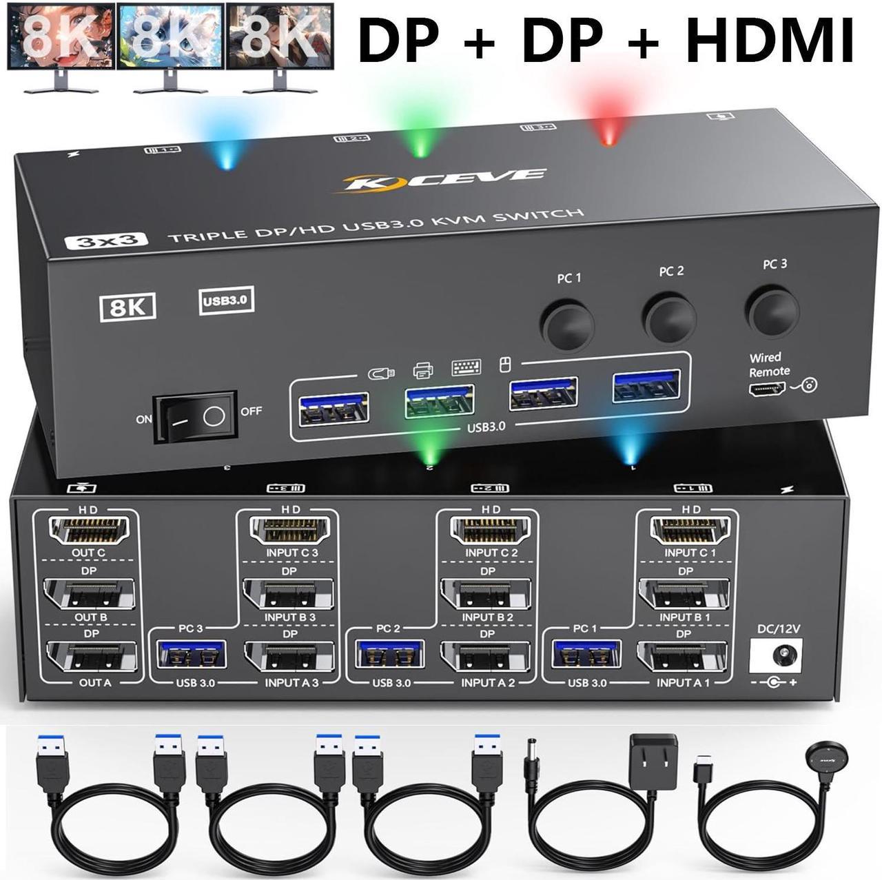 IHDAPP USB 3.0 KVM Switch 3 Monitors 3 Computers, Triple Monitors HDMI+DP+DP KVM Switch, 2 Displayport + HDMI KVM Switch 8K@60Hz for 3 Computers Share Mouse Keyboard, Wired Remote and 3 USB Cable