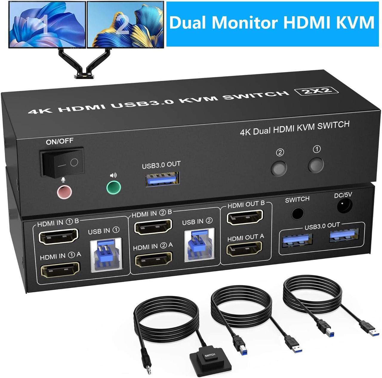 IHDAPP 2 Port HDMI Dual Monitor USB 3.0 KVM Switch, 4K@60Hz Extended Display HDMI KVM Switch 2 Monitors 2 Computers with Audio Microphone Output and 3 USB 3.0 Ports, PC Monitor Keyboard Mouse Switcher