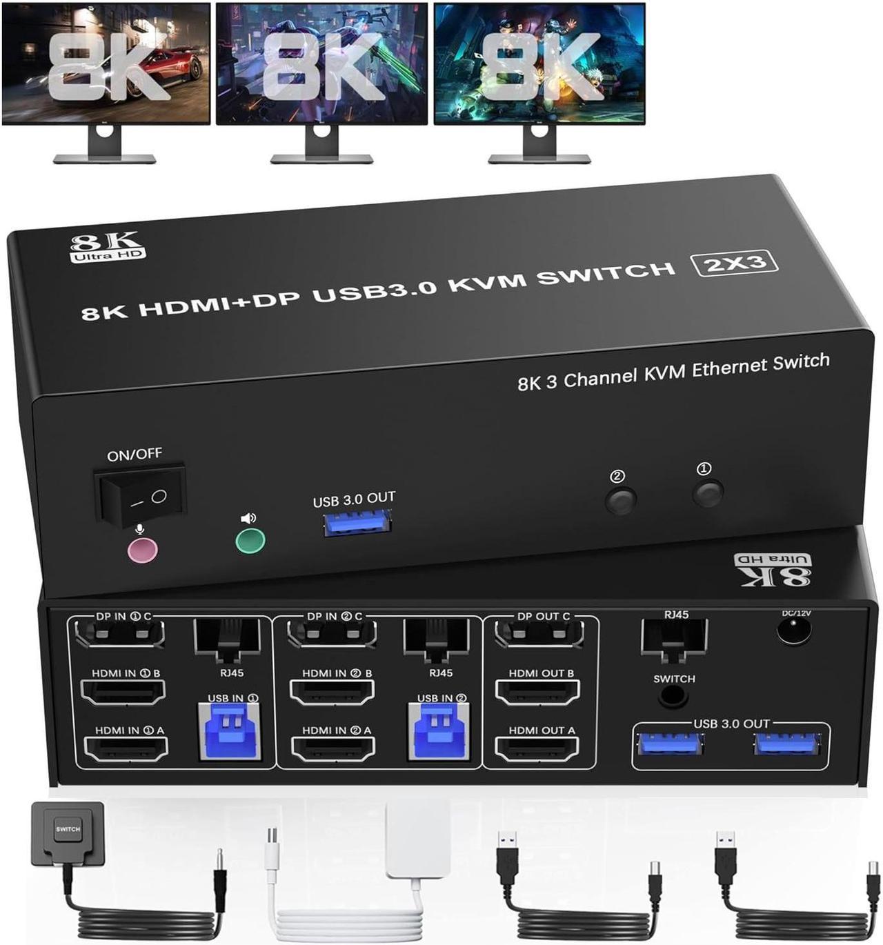 IHDAPP KVM Switch 3 Monitors 2 Computers 8K@60Hz 4K@144Hz, 2 HDMI + DisplayPort USB3.0 KVM Switch Triple Monitor for 2 Computer Share 1000Mbps Ethernet, 3 USB 3.0 Ports, Audio&Microphone, Wired Remote