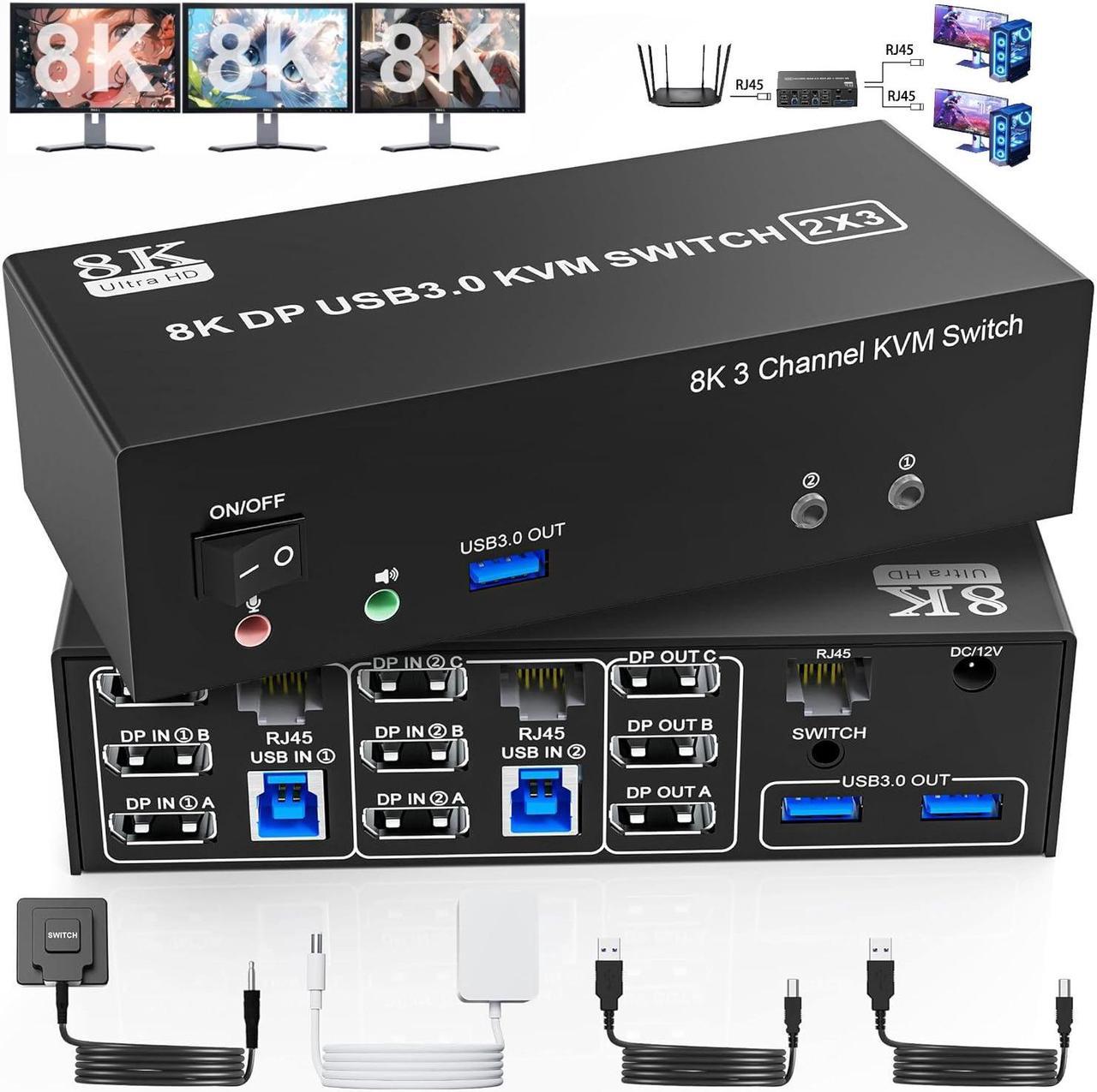 IHDAPP 8K@60Hz Displayport USB 3.0 KVM Switch 4K@144Hz, DP1.4 Displayport KVM Switch Triple Monitor for 2 Computer Share 3 Monitors, RJ45 Ethernet Splitter 1 to 2, Audio Mic Port and 3 USB 3.0 Devices